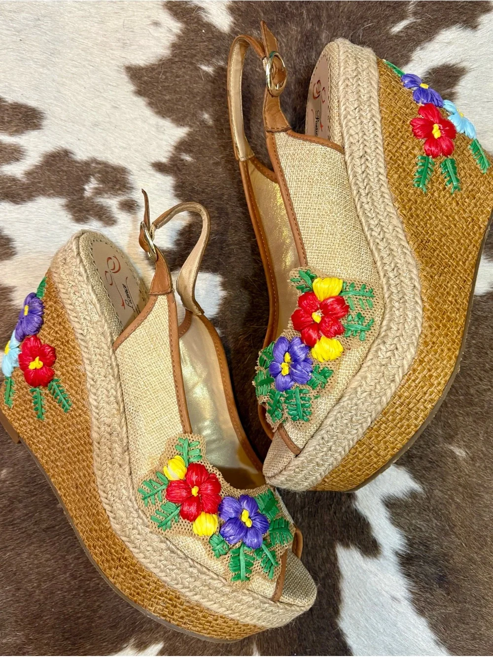 Woven Espadrille Wedge Sandals with Multicolor Floral Embroidery - Women - Picture 1 of 9